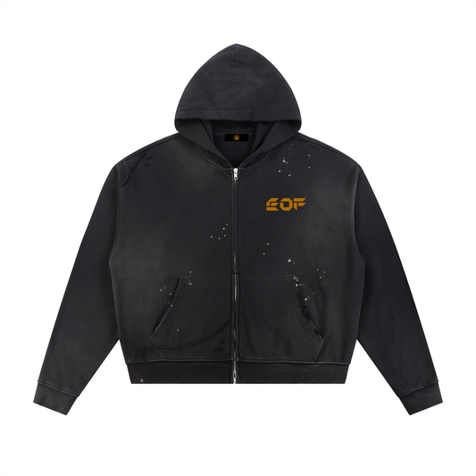 Sun Fade Frayed Raw Edge Fleece Zip Hoodie